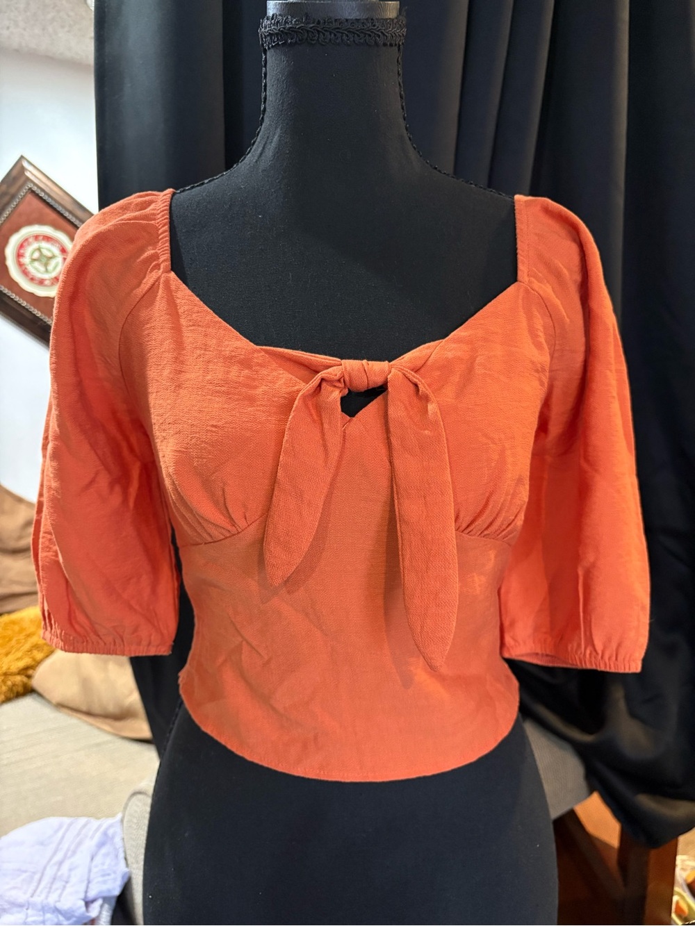 Paper Crane Tie-Front Puff Sleeve Top - Orange